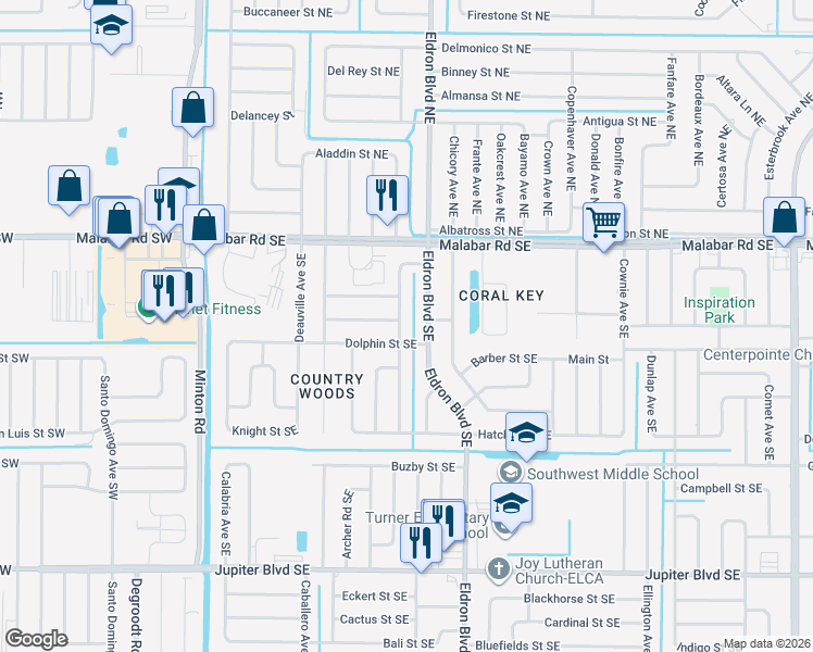 map of restaurants, bars, coffee shops, grocery stores, and more near 179 Decordre Road Southeast in Palm Bay