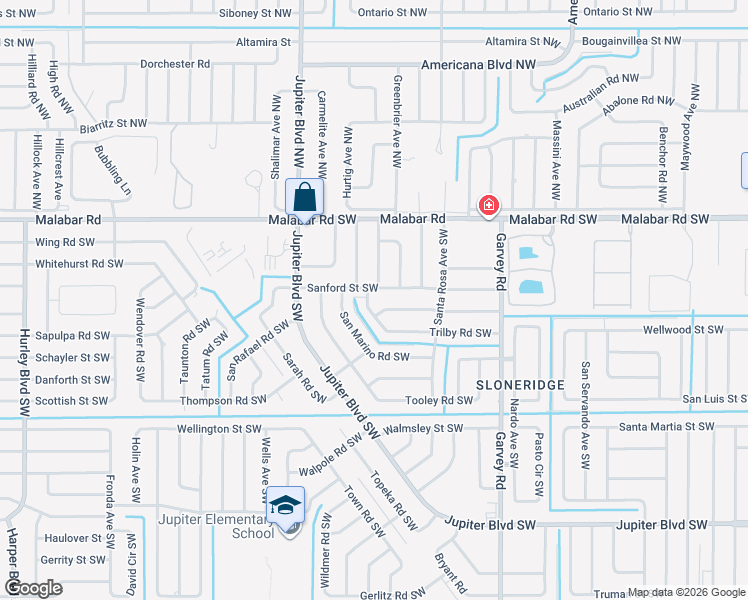 map of restaurants, bars, coffee shops, grocery stores, and more near 215 Trilby Road Southwest in Palm Bay