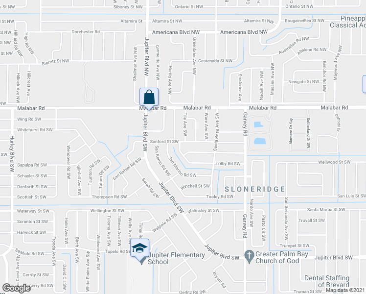 map of restaurants, bars, coffee shops, grocery stores, and more near 215 Trilby Road Southwest in Palm Bay