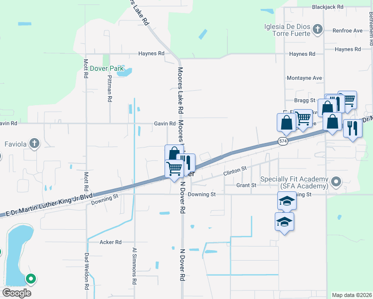 map of restaurants, bars, coffee shops, grocery stores, and more near 3229 Moores Lake Road in Dover
