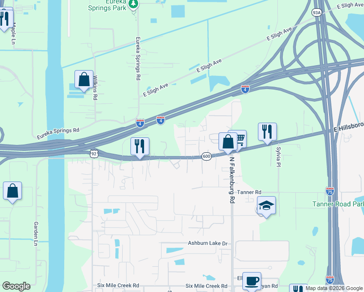 map of restaurants, bars, coffee shops, grocery stores, and more near 5420 Baptist Church Road in Tampa
