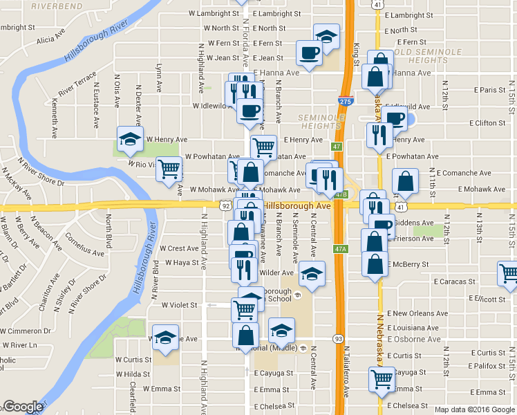 map of restaurants, bars, coffee shops, grocery stores, and more near 5309 North Suwanee Avenue in Tampa
