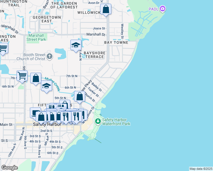 map of restaurants, bars, coffee shops, grocery stores, and more near 335 Hillsborough Street in Safety Harbor