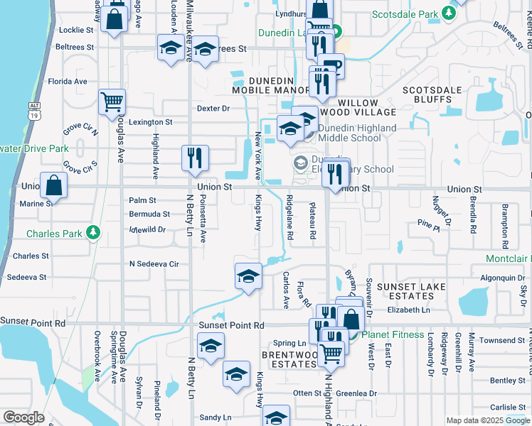 map of restaurants, bars, coffee shops, grocery stores, and more near 2058 Alpine Road in Clearwater