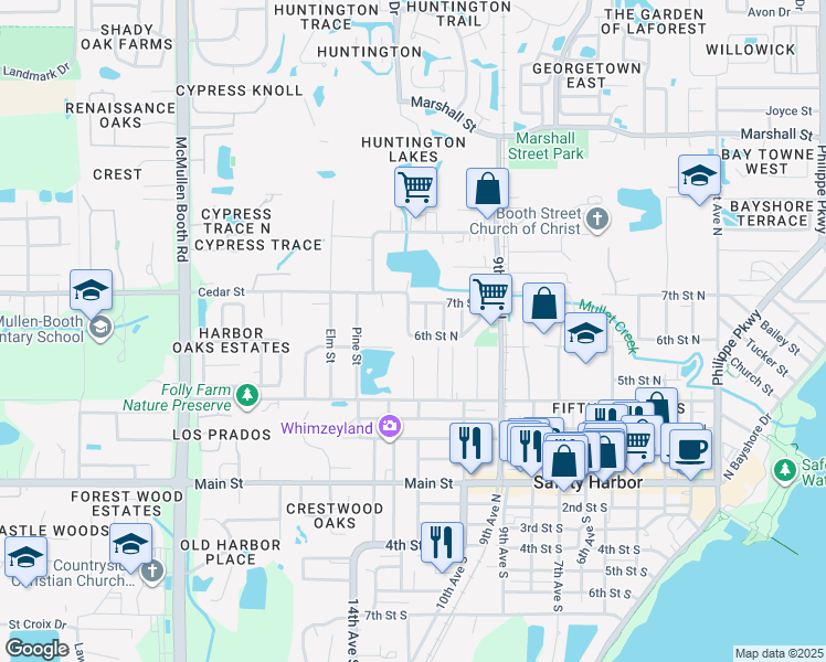 map of restaurants, bars, coffee shops, grocery stores, and more near 625 11th Place North in Safety Harbor