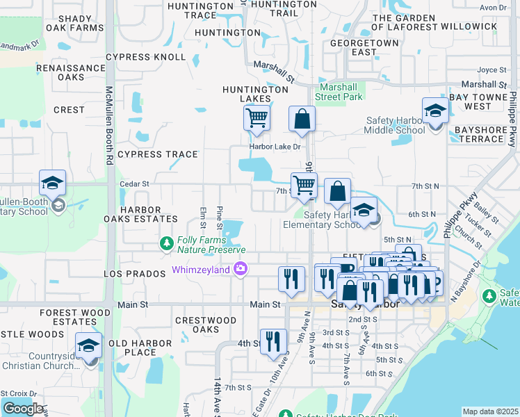 map of restaurants, bars, coffee shops, grocery stores, and more near 625 11th Place North in Safety Harbor