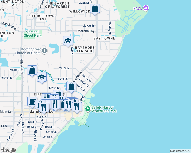 map of restaurants, bars, coffee shops, grocery stores, and more near 335 Hillsborough Street in Safety Harbor