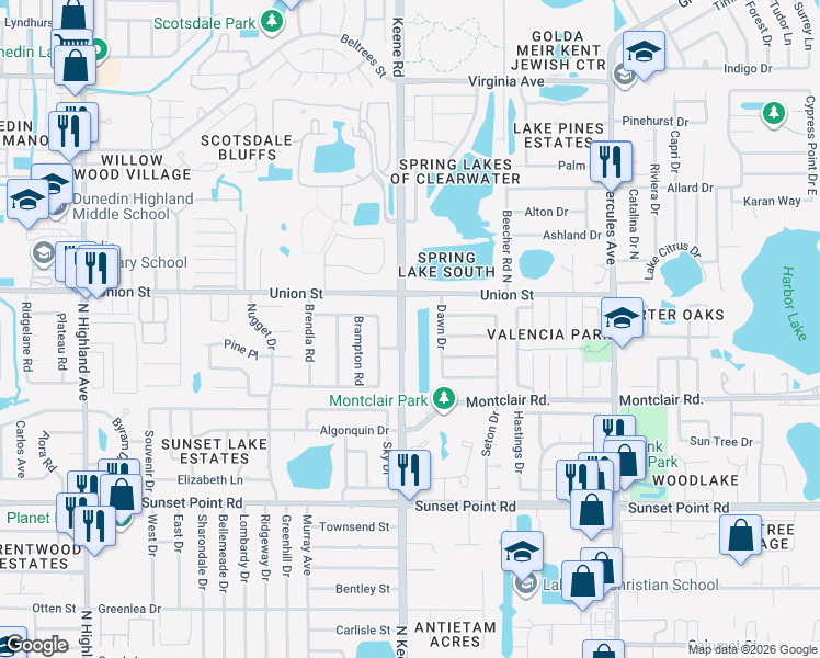 map of restaurants, bars, coffee shops, grocery stores, and more near 2075 North Keene Road in Clearwater