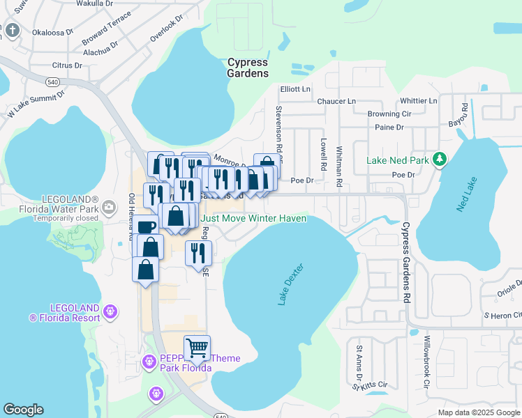 map of restaurants, bars, coffee shops, grocery stores, and more near 659 Lake Dexter Circle in Winter Haven