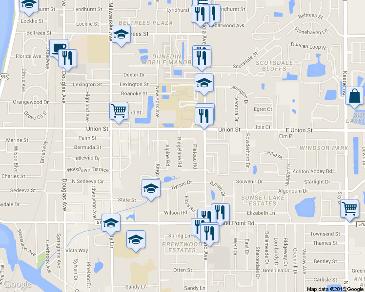map of restaurants, bars, coffee shops, grocery stores, and more near 1456 Ridgelane Circle North in Clearwater