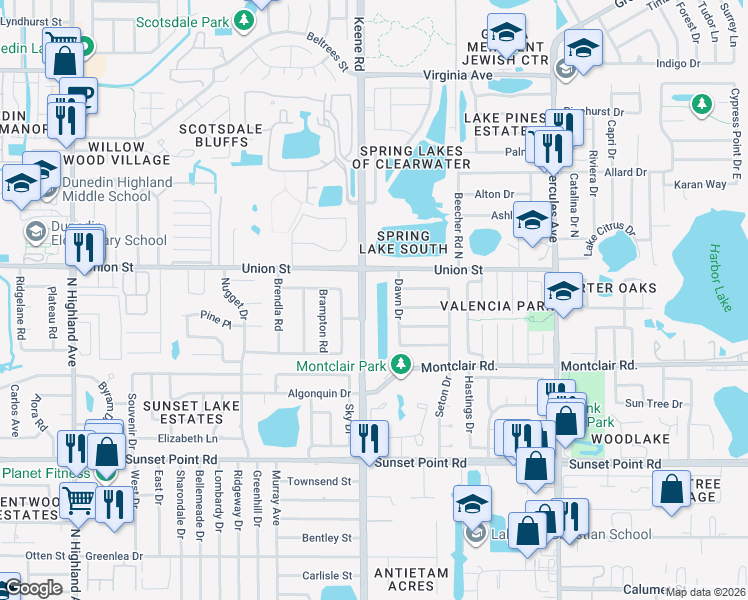 map of restaurants, bars, coffee shops, grocery stores, and more near 2075 North Keene Road in Clearwater