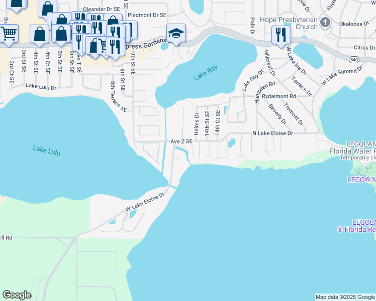 map of restaurants, bars, coffee shops, grocery stores, and more near 9TH Crossroads Boulevard in Winter Haven