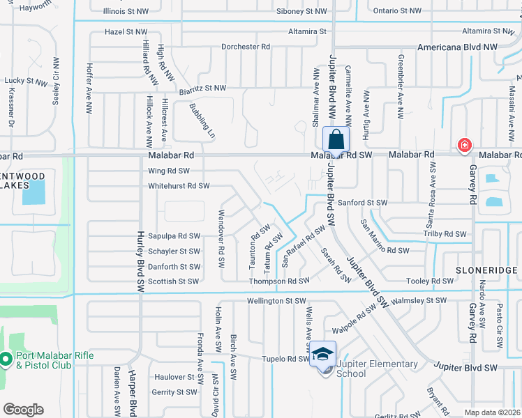 map of restaurants, bars, coffee shops, grocery stores, and more near 1007 Wing Road Southwest in Palm Bay