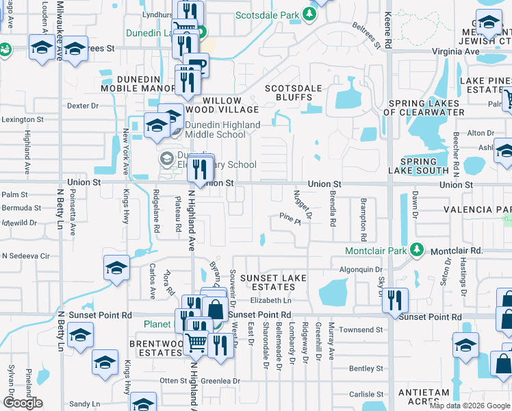 map of restaurants, bars, coffee shops, grocery stores, and more near 2063 Powderhorn Drive in Clearwater