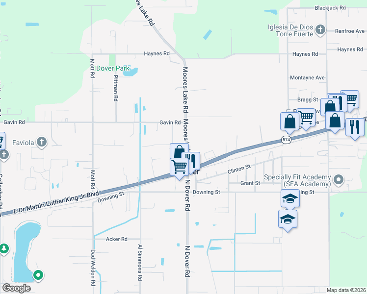 map of restaurants, bars, coffee shops, grocery stores, and more near 3229 Moores Lake Road in Dover