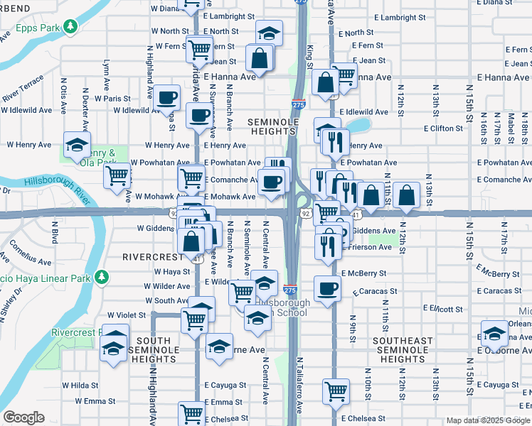 map of restaurants, bars, coffee shops, grocery stores, and more near E Hillsborough Ave & N Central Ave in Tampa