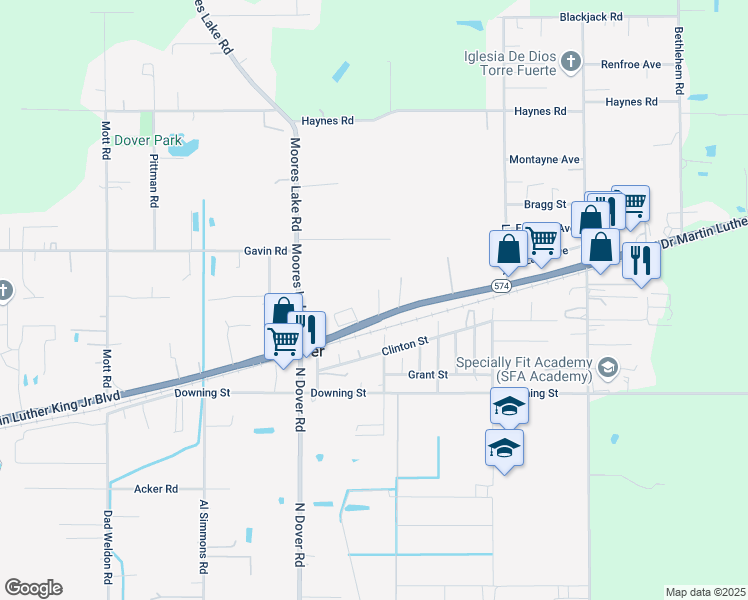 map of restaurants, bars, coffee shops, grocery stores, and more near 3210 Sandy Lee Lane in Dover