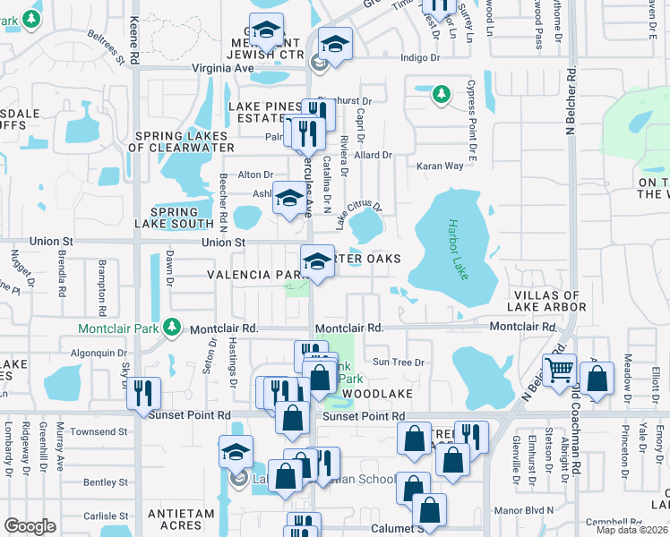 map of restaurants, bars, coffee shops, grocery stores, and more near 2058 Butternut Circle West in Clearwater