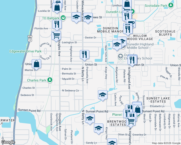 map of restaurants, bars, coffee shops, grocery stores, and more near 2057 The Mall in Clearwater