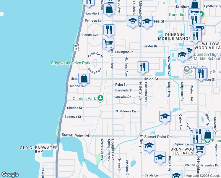 map of restaurants, bars, coffee shops, grocery stores, and more near 2052 Douglas Avenue in Clearwater
