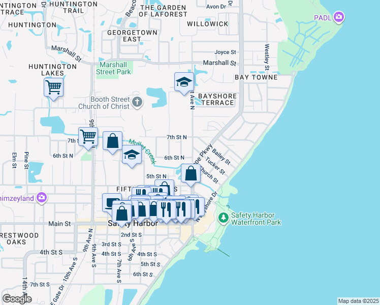 map of restaurants, bars, coffee shops, grocery stores, and more near 623 1st Avenue North in Safety Harbor
