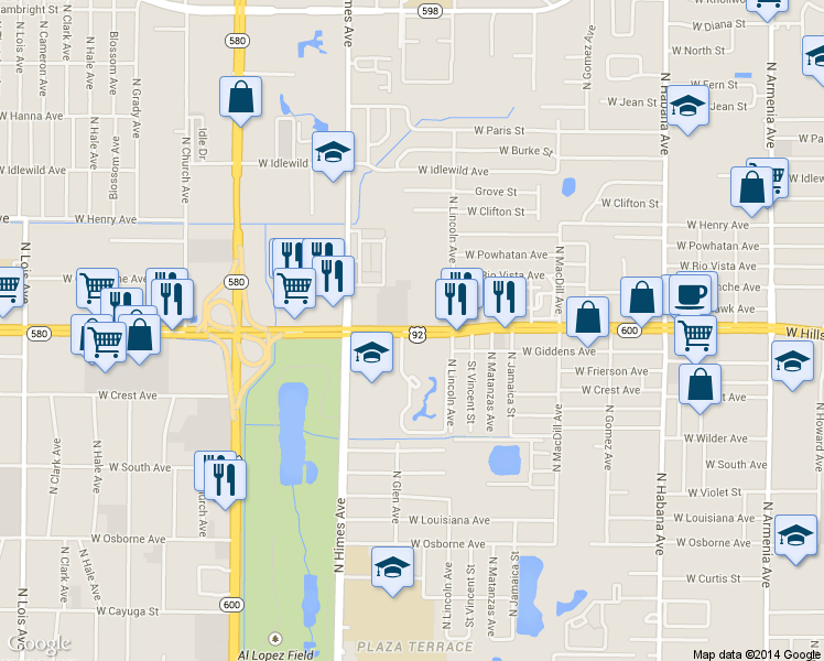 map of restaurants, bars, coffee shops, grocery stores, and more near 3412 West Hillsborough Avenue in Tampa