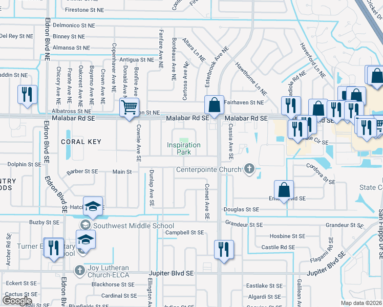 map of restaurants, bars, coffee shops, grocery stores, and more near 781 Consumer Street Southeast in Palm Bay