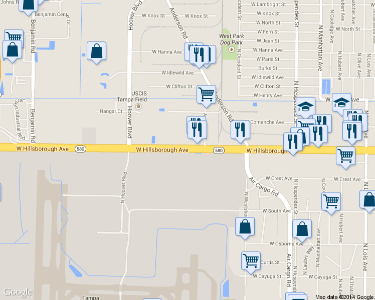 map of restaurants, bars, coffee shops, grocery stores, and more near 5118 West Hillsborough Avenue in Tampa
