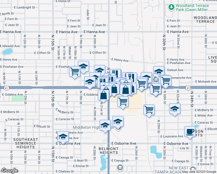 map of restaurants, bars, coffee shops, grocery stores, and more near 5401 North 22nd Street in Tampa