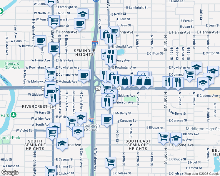 map of restaurants, bars, coffee shops, grocery stores, and more near E Hillsborough Ave & N Nebraska Ave in Tampa