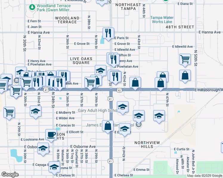 map of restaurants, bars, coffee shops, grocery stores, and more near E Hillsborough Ave & N 40th St in Tampa