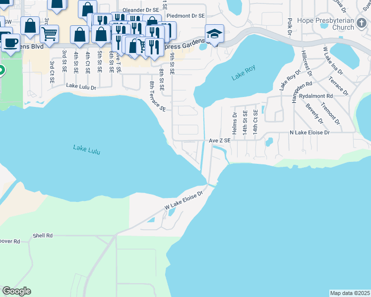 map of restaurants, bars, coffee shops, grocery stores, and more near 900 Avenue Z Southeast in Winter Haven