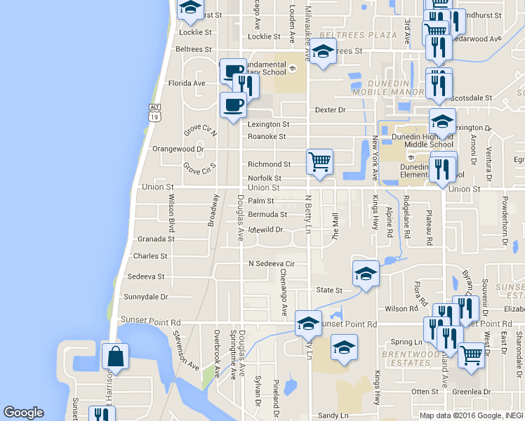 map of restaurants, bars, coffee shops, grocery stores, and more near 1228 Bermuda Street in Clearwater
