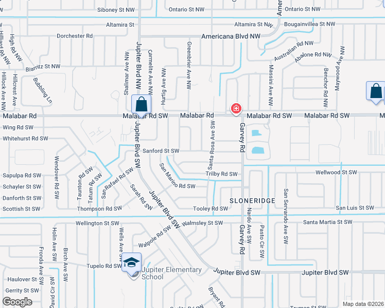 map of restaurants, bars, coffee shops, grocery stores, and more near 750 Sanford St SW in Palm Bay