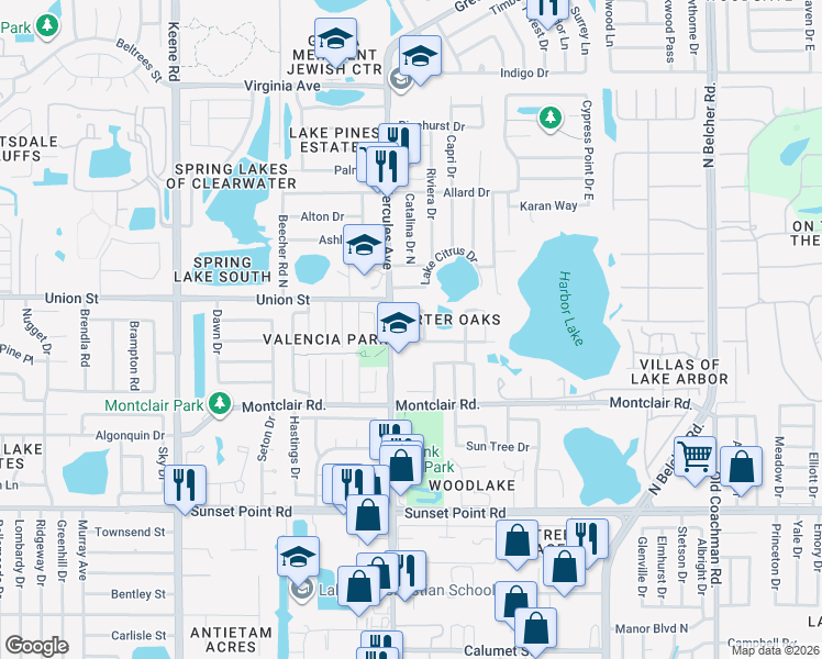 map of restaurants, bars, coffee shops, grocery stores, and more near 2058 Butternut Circle West in Clearwater