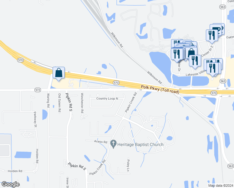map of restaurants, bars, coffee shops, grocery stores, and more near 3810 Country Road in Lakeland