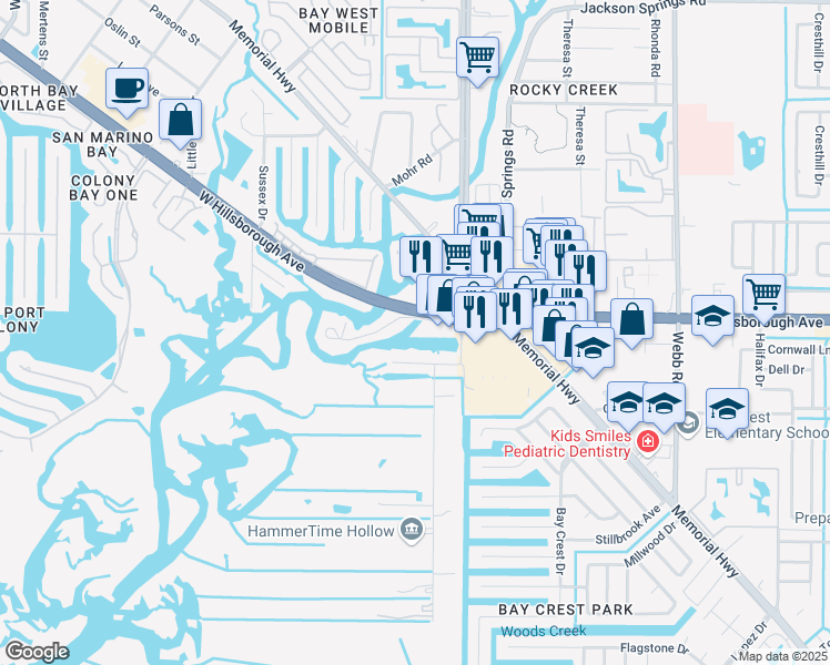 map of restaurants, bars, coffee shops, grocery stores, and more near 8820 Rocky Creek Drive in Tampa