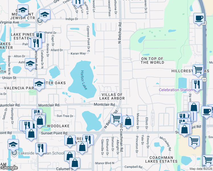 map of restaurants, bars, coffee shops, grocery stores, and more near 2053 Cheryl Drive in Clearwater