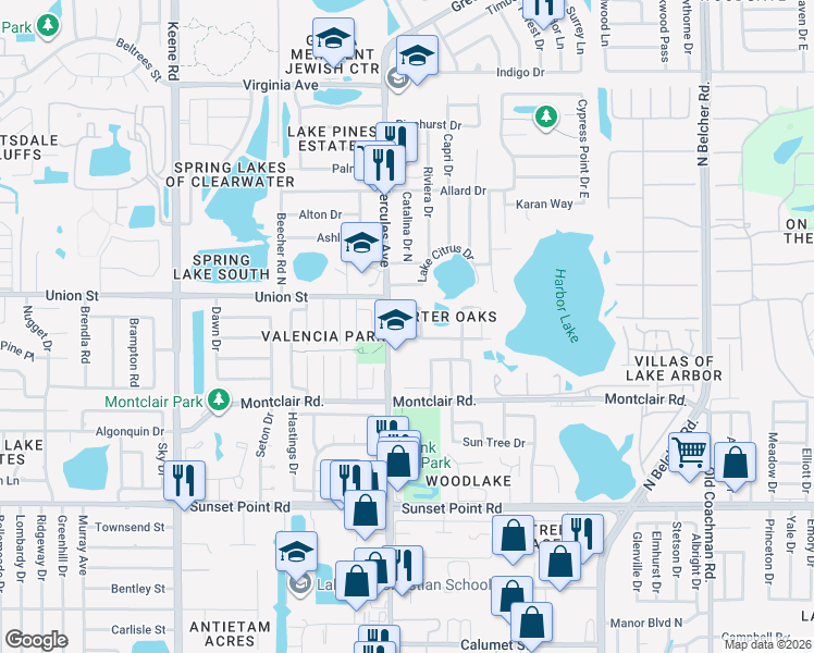 map of restaurants, bars, coffee shops, grocery stores, and more near 2058 Butternut Circle West in Clearwater