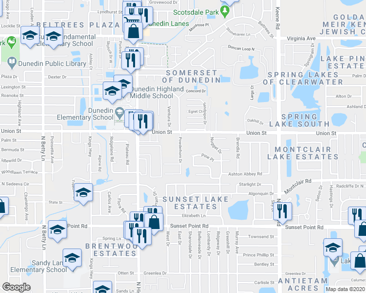 map of restaurants, bars, coffee shops, grocery stores, and more near 2063 Powderhorn Drive in Clearwater