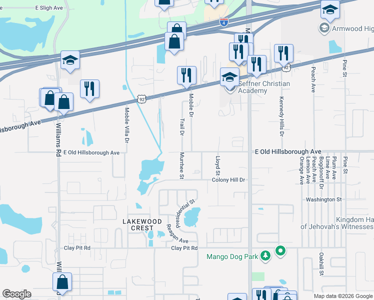 map of restaurants, bars, coffee shops, grocery stores, and more near 11403 East Hillsborough Avenue in Seffner
