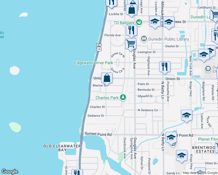 map of restaurants, bars, coffee shops, grocery stores, and more near 1126 Commodore Street in Clearwater