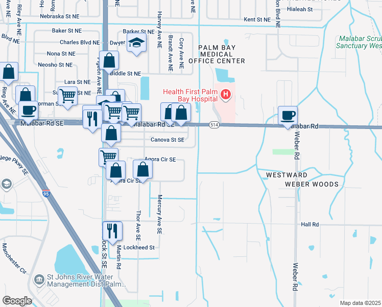 map of restaurants, bars, coffee shops, grocery stores, and more near 1998 Agora Circle Southeast in Palm Bay