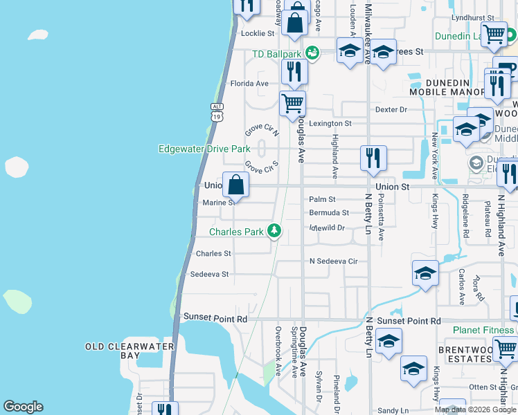 map of restaurants, bars, coffee shops, grocery stores, and more near 1135 Marine Street in Clearwater