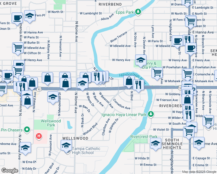 map of restaurants, bars, coffee shops, grocery stores, and more near 907 West Hillsborough Avenue in Tampa