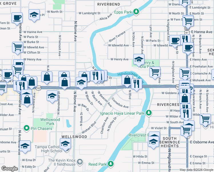 map of restaurants, bars, coffee shops, grocery stores, and more near 907 West Hillsborough Avenue in Tampa