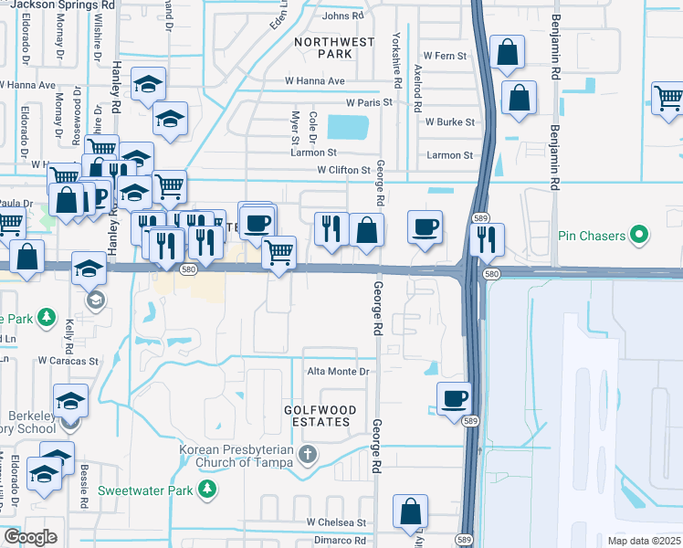 map of restaurants, bars, coffee shops, grocery stores, and more near 5200 Net Drive in Tampa