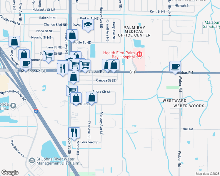 map of restaurants, bars, coffee shops, grocery stores, and more near 2020 Agora Circle Southeast in Palm Bay