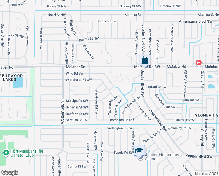 map of restaurants, bars, coffee shops, grocery stores, and more near 1007 Wing Road Southwest in Palm Bay