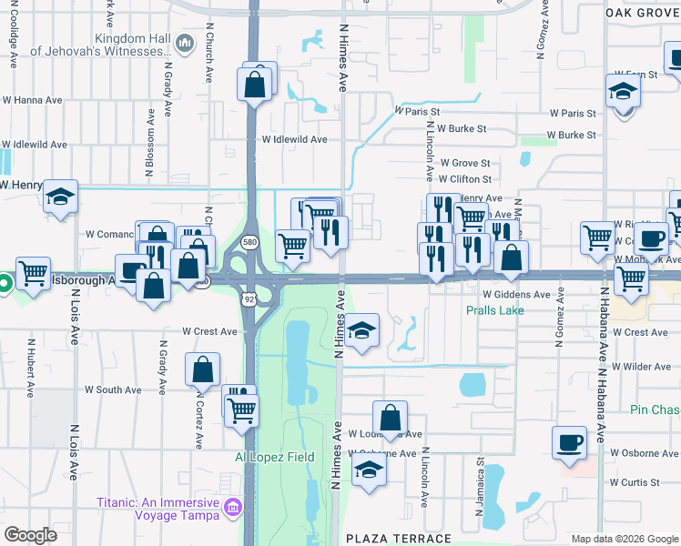 map of restaurants, bars, coffee shops, grocery stores, and more near in Tampa